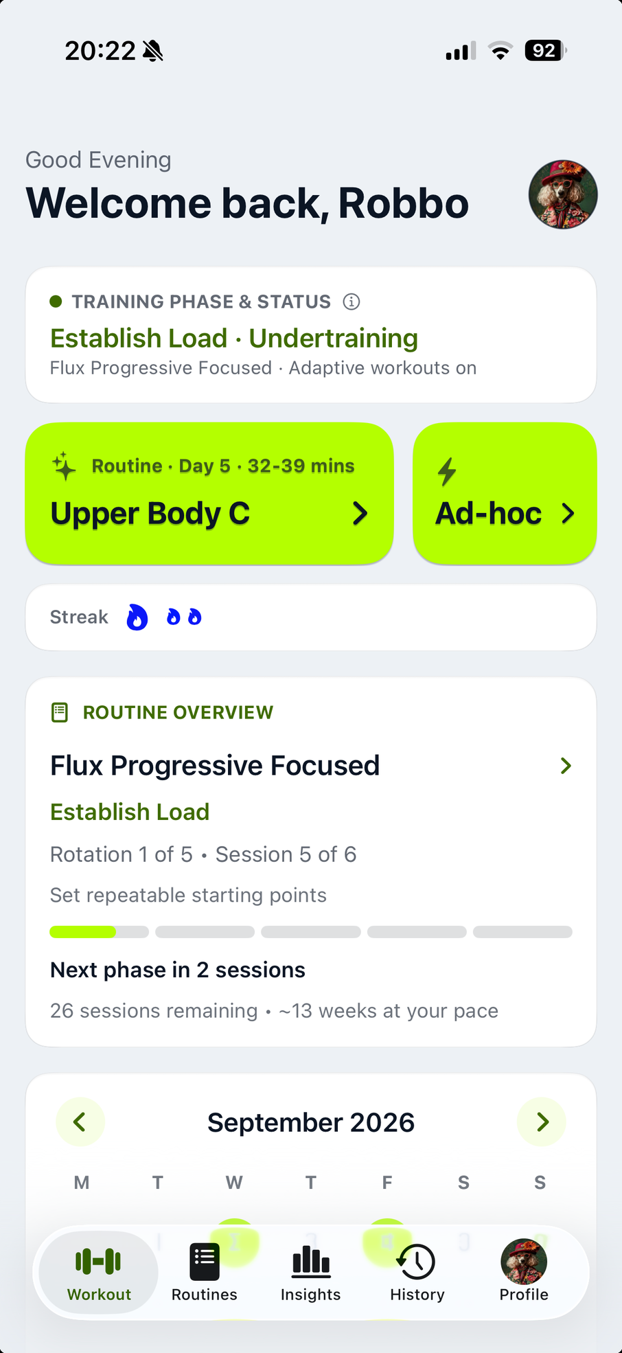 Flux Dashboard in Light showing Upper Body C next and two sessions until the next programme phase