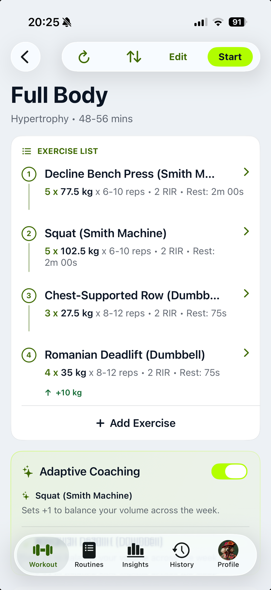 Full Body workout preview with exercises, weights, repetitions and rest targets