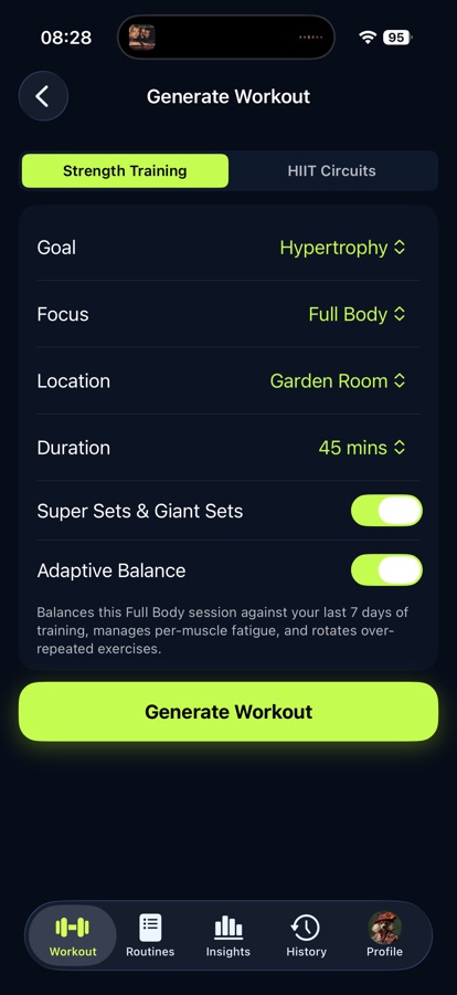 Flux Generate Workout screen with goal, focus, gym, duration and adaptive balance controls
