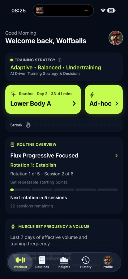 Flux Workouts dashboard showing adaptive training strategy, the next routine and progress context
