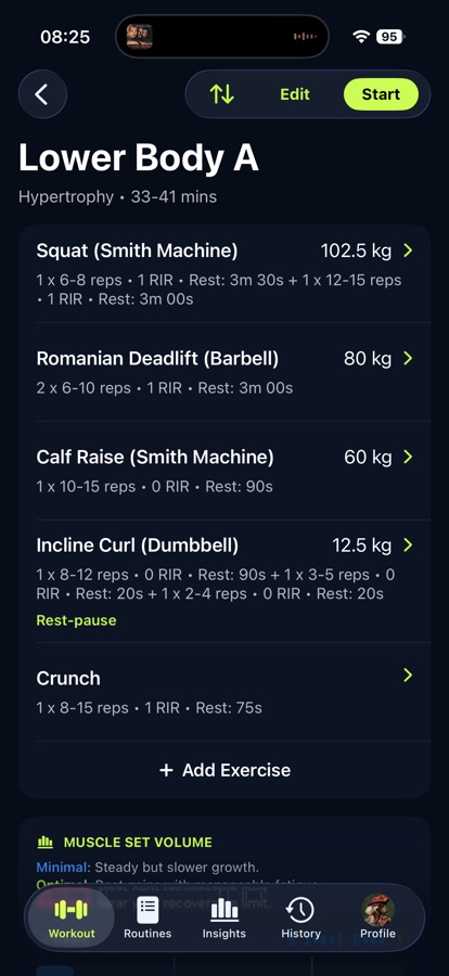 Flux workout preview showing prescribed exercises, loads, rep ranges, RIR and rest